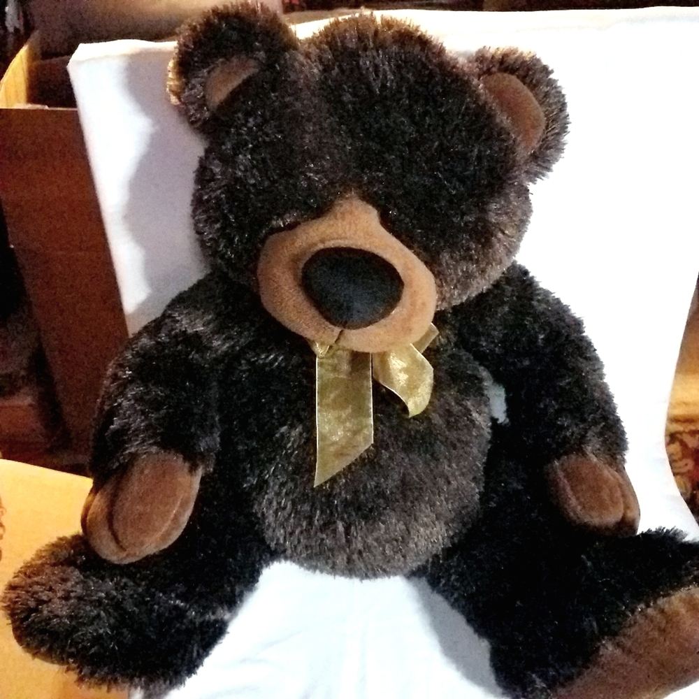 Vintage Jumbo Super Plush Dark Brown Teddy w/Gold Bow Tie